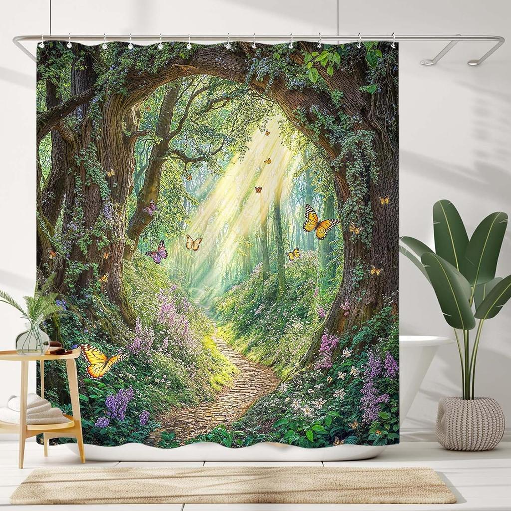 Whimsical Forest Shower Curtain Set Magical Butterfly Woods Waterproof Bathroom Shower Curtain Lush Green Nature Print Fairyhome
