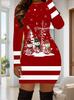 3D Santa Claus Christmas Tree Print Dress Autumn New Year Christmas Party Mini Dress Women's Long Sleeve Round Neck Tight Dress