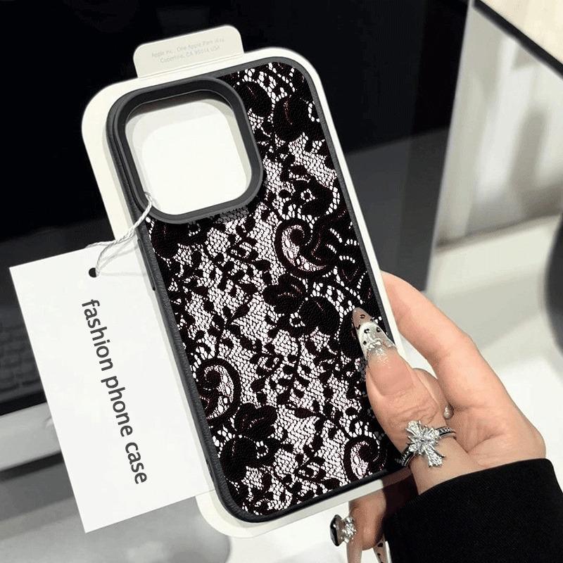 Creative Black Lace Pattern Lychee Texture Phone Case, Suitable for iPhone 17, 16, 15, Plus, Pro, Max Series Phones—Can Be Used As a Gift