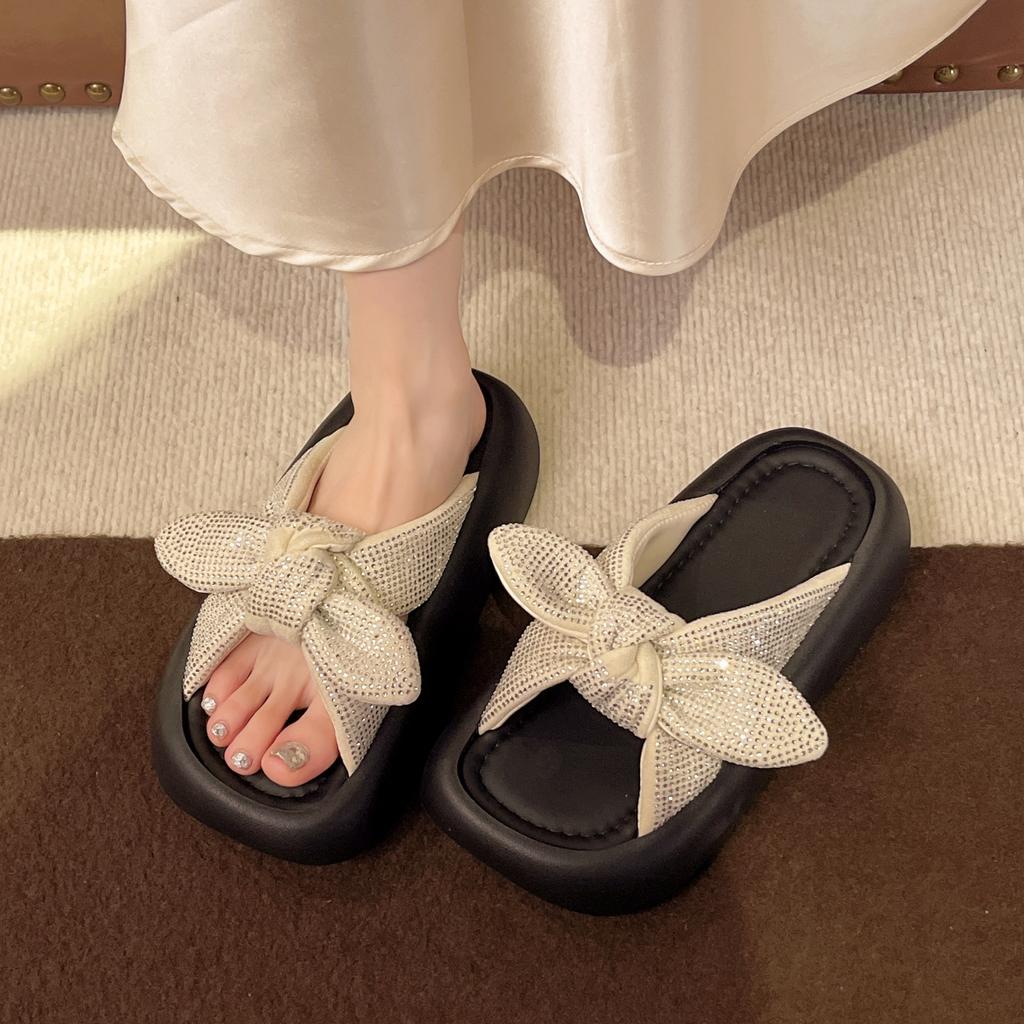Bow Thick-soled Women's Outer Wear Korean Version Slippers 2025 Summer New Fashion Fairy Style Versatile Outer Wear Sandals Tide