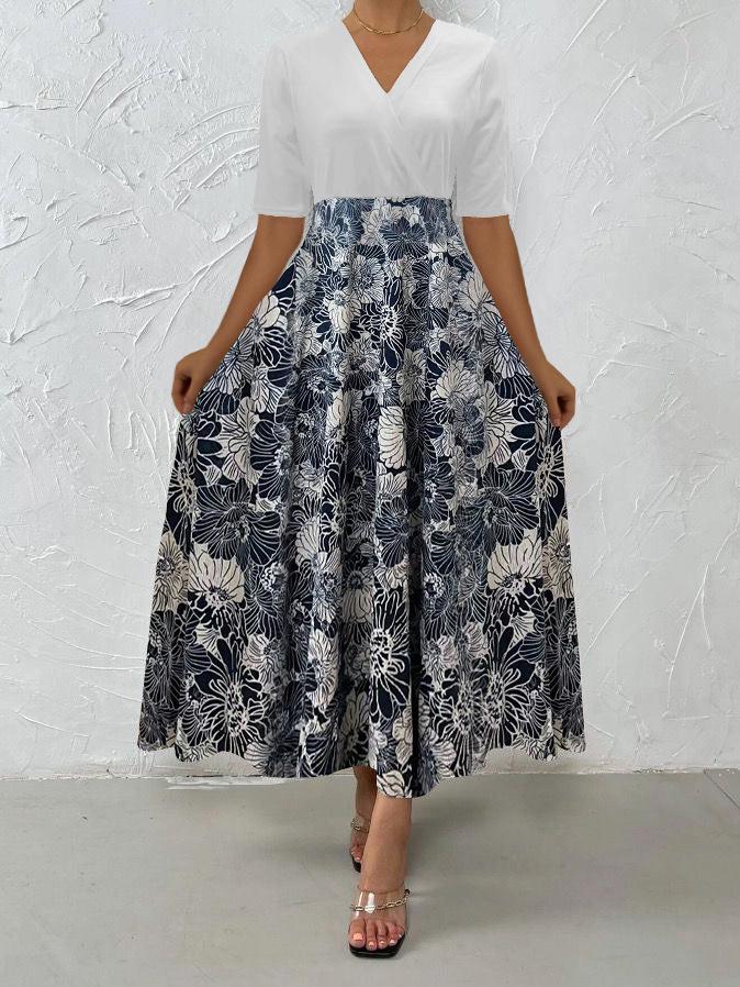 New women's clothing European and American printed medium and long dress splicing temperament commuter v-neck dress