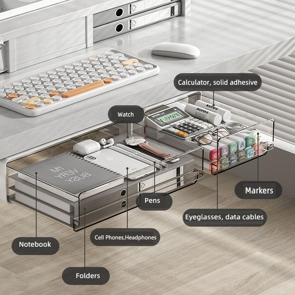 Attachable Under Desk Drawer Slide-out Table Storage Box Durable Pencil Holder Tray  Cosmetics