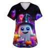 Women's V-neck Halloween Printed Short-sleeved Pocket Side-slit Protective Suit Top
