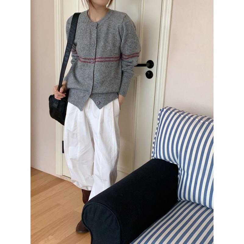 

Retro knitted sweater for women s autumn and winter new contrasting colors single-breasted simple casual crew neck sweater jacket for women One size