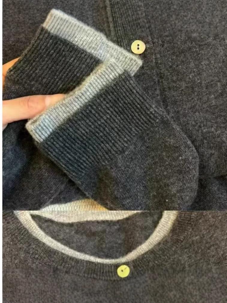 Women's 2024 Grey Wool Cardigan Sweater - Fake Two-Piece Knit for Autumn/Winter Outerwear