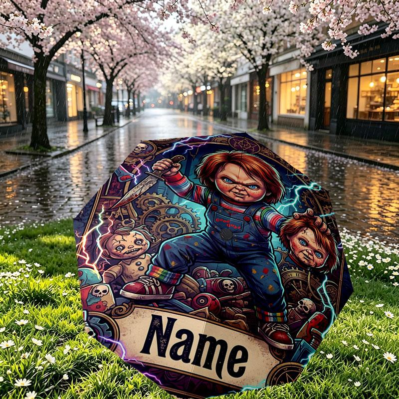 Custom Name Personalized Horror Theme Chucky Print Umbrella, Auto Open Close, 8‑Rib Sturdy Frame, Commute Camping Hiking Use, Birthday Gift