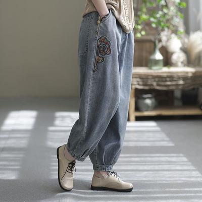 Fashion Autumn Spring Personality Patchwork Embroidery Jeans Women Elastic Waist Denim Harem Pants Plus Size Soft