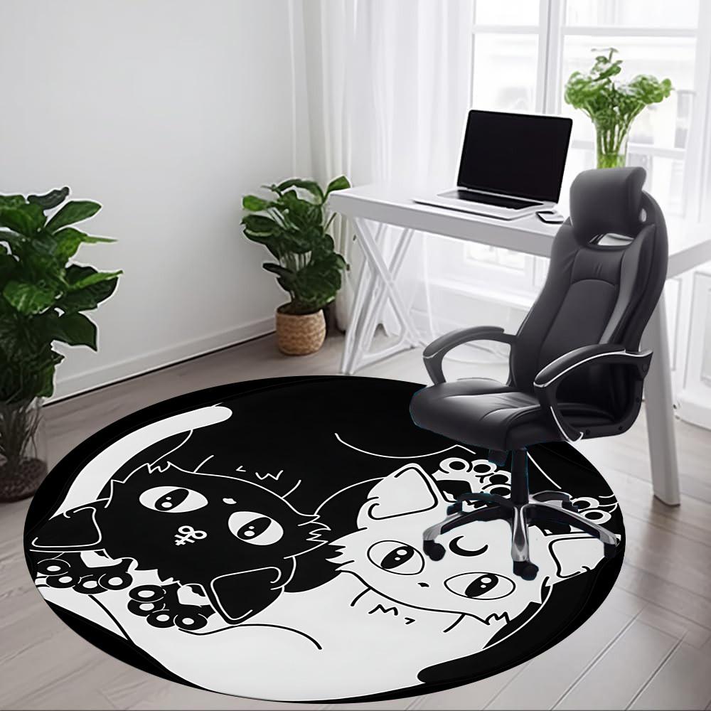 1pc Yin Yang Black White Cats Office Round Area Rug, Indoor Mat Suitable For Office, Under Office Chairs Bedroom Living Room Home Decor, Room Deco