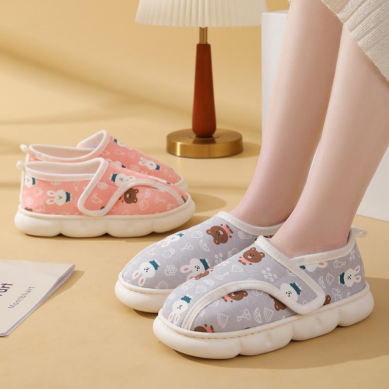 Fashion New Cartoon Animal Cotton Slippers Woman Winter Hook and Loop Bag and Cotton Shoes Women Warm Non-Slip Flat Slides Female