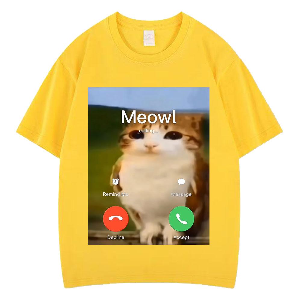 Meowl Is Calling Phone Call Meme Brainrot Funny Cat Owl Tshirts Unisexs Fashion Harajuku Short Sleeves Cotton Hiphop T Shirts