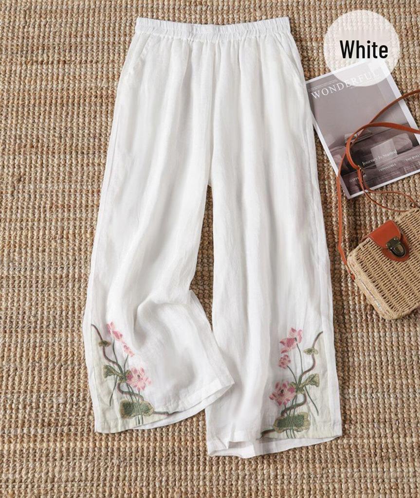 Women's 2024 Retro Cotton-Linen Wide-Leg Embroidered Pants - Summer Lightweight Nine-Point Casual Trousers.