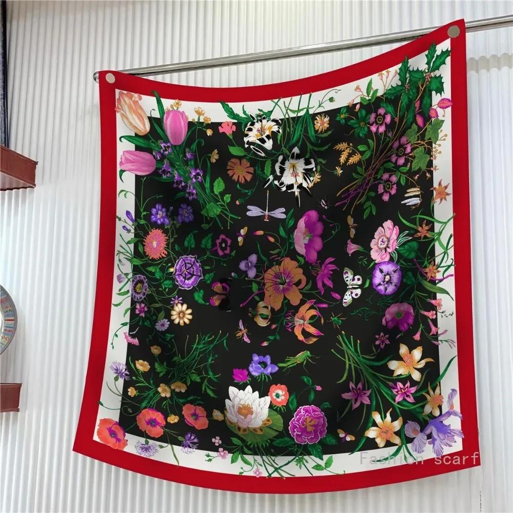 90Cm Modern Fashion Twill Silk Tulip Plant Flower Ladies Sunscreen Shawl Large Square Scarf Scarf Silk Scarf
