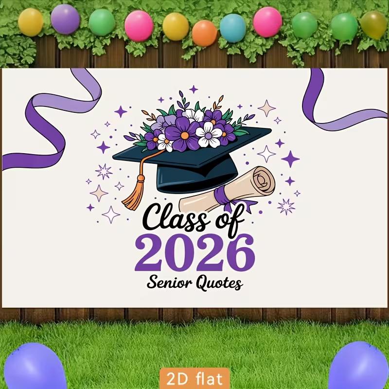 2D Graduation Photography Backdrop Class of 2026 with Purple Floral Cap Background