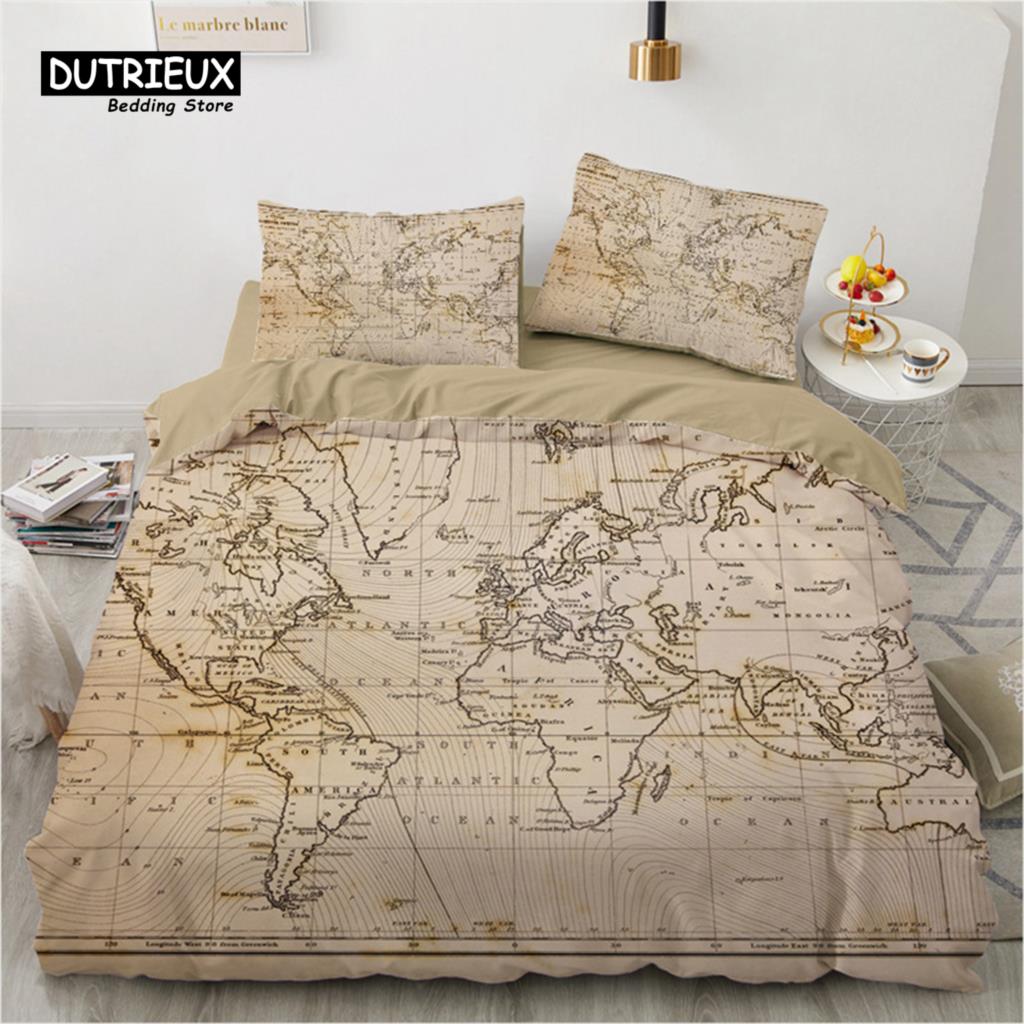 Compass Duvet Cover Vintage World Map Bedding Set Nautical Compass On Background Old Map Comforter Cover For Kids Adults Decor