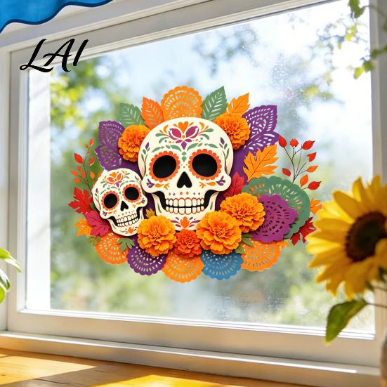 Halloween Party Decor Day of The Dead Window Static Sticker Flower Skull Decorative PVC Waterproof Vinyl Graphics Decals Glass Clings for