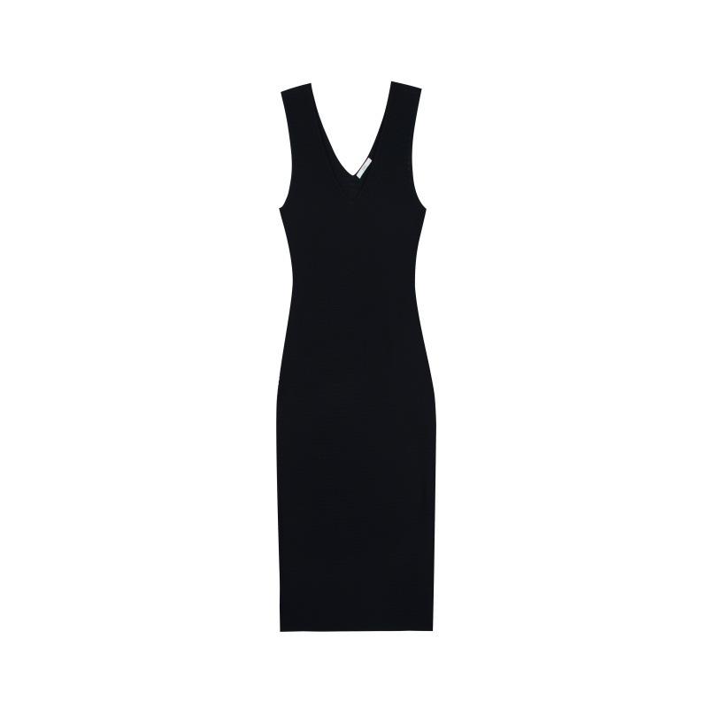 Elegant lady spring and summer black v-neck sleeveless A-word pullover medium and long knitted dress