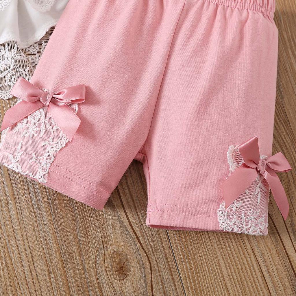 Baby Mädchen Bekleidungsset 0-2 Jahre Kurzarm Oberteile und Shorts Kleinkind Mädchen Spitze Patchwork Outfit Frühling Sommer Tägliche Kleidung für 0-24M