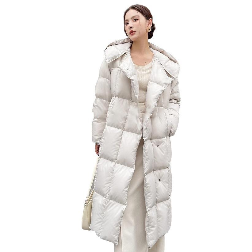 Suction buckle design long hooded white duck down jacket women's 2024 thickened winter warm jacket
