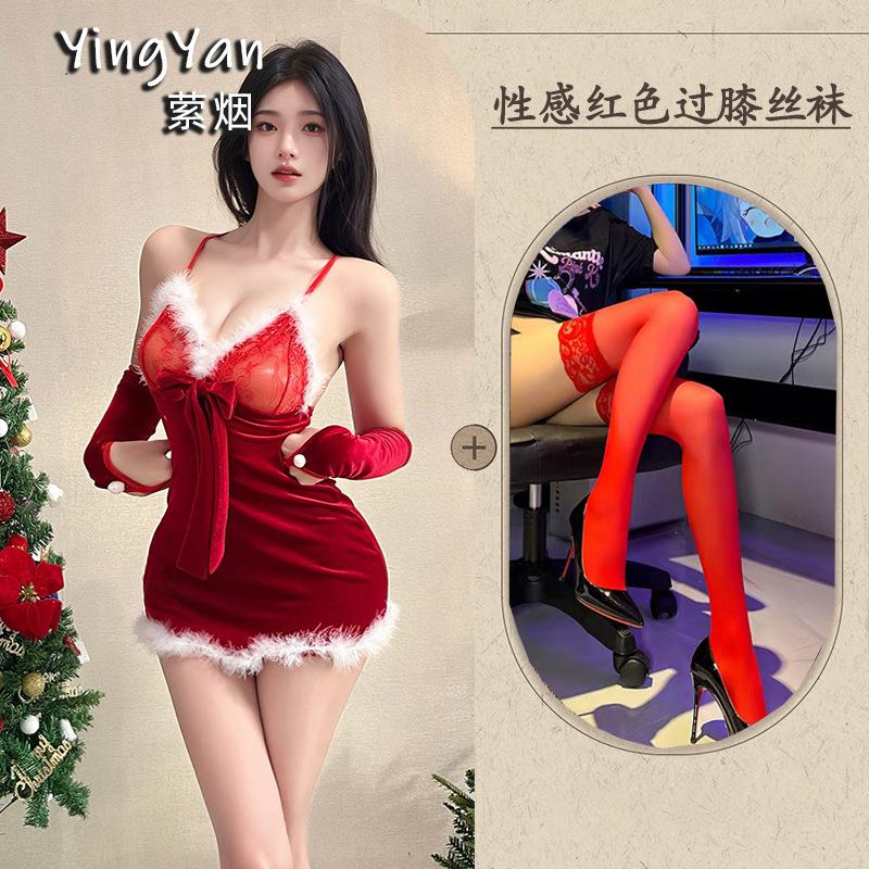 Erotic underwear women's sexy plush suspender nightdress short skirt Christmas dress battle robe passion free uniform suit