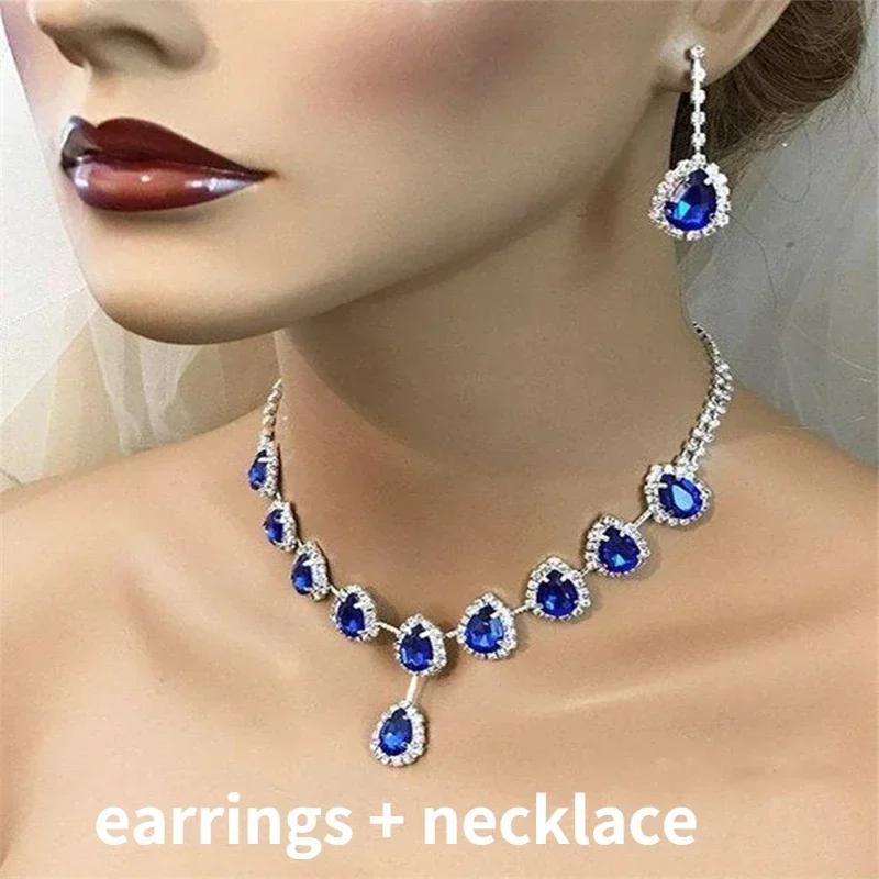 Blue Water Drop Rhinestones Necklace For Women  Inlaid Zircon Pendant Fashion Jewelry Accessory