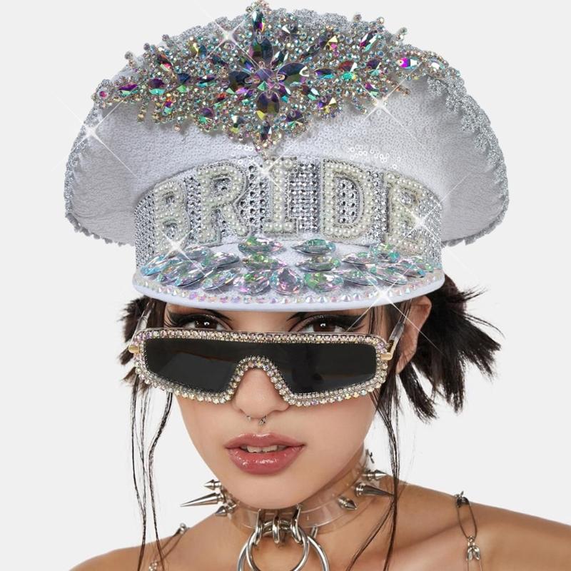 BRIDE Wedding Hat with Colorful Rhinestone Decor Stage Show Hat Military Hat Stage Performances Hat for Masquerade Party