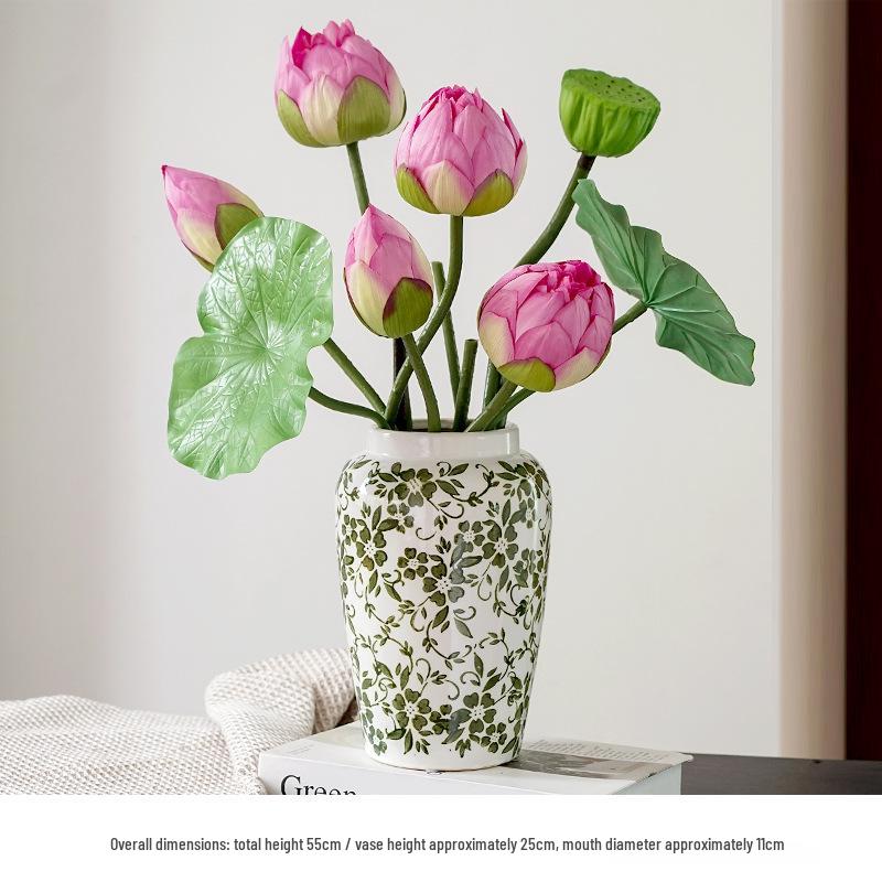 Chinese Lotus Artificial Flower Decoration for Living Room and Dining Table - Realistic Floral Arrangement with Lotus Leaf.