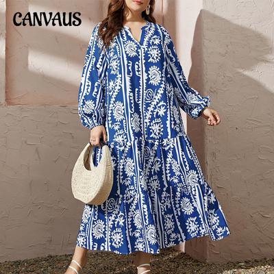 Spring and Autumn Women's Plus Size Temperament Printed Dress V-neck Long Sleeve Dress Long Dress