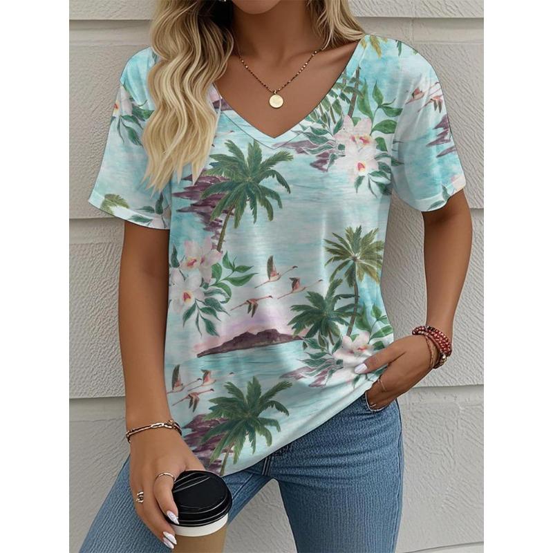Women's T-Shirt Coconut Tree Pattern 3d Printing Fashion Casual V-Neck Short-Sleeved Beach Style Outdoor Women's Clothing