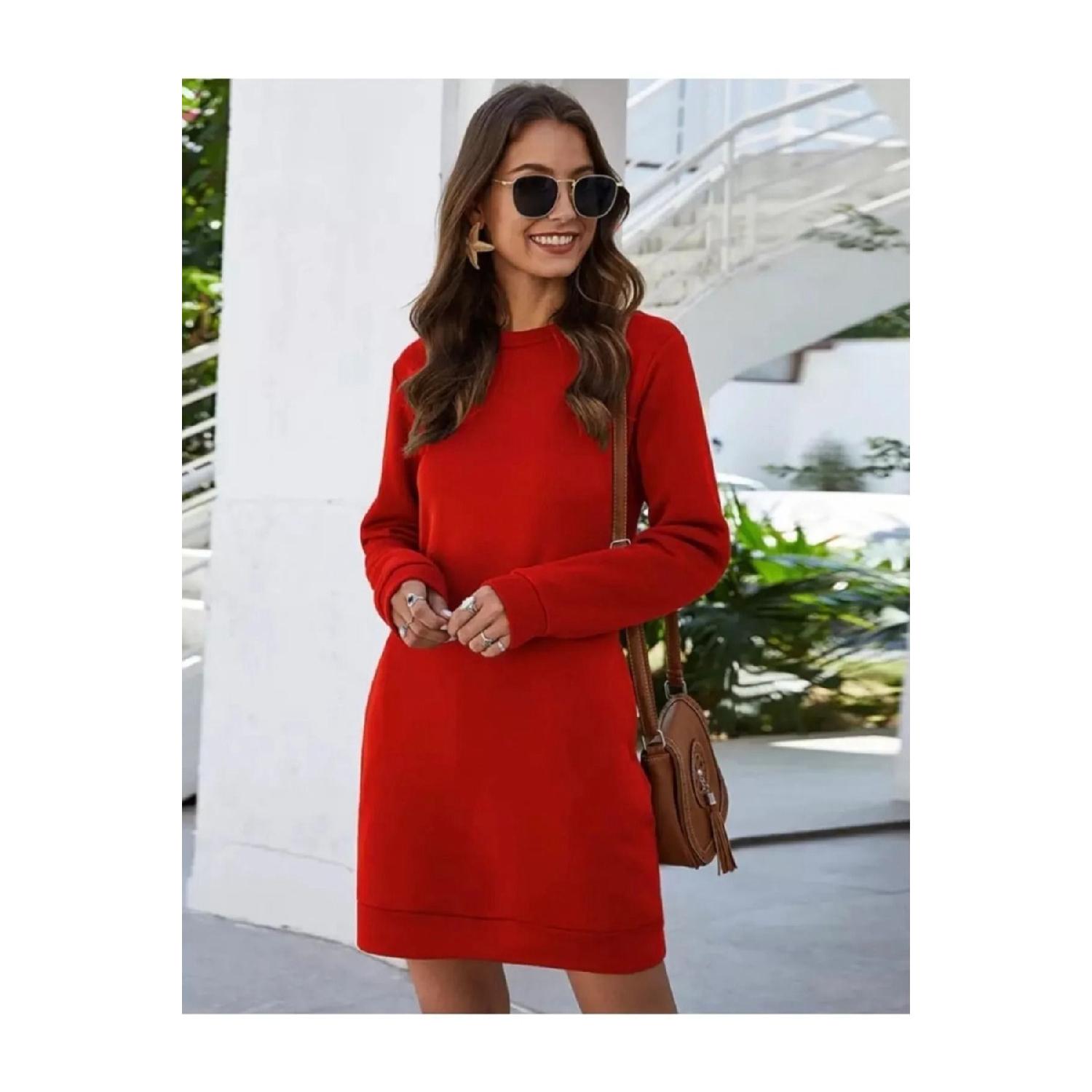 

Crew Neck Double Pocket Cotton Full Winter Relaxed Sports Women s Dress S красный