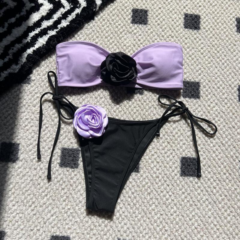 2024 American Style Color Contrast Rose Bandeau Tie Sexy Drawstring Tie Fashion Split Swimsuit Bikini Set Beach Party Clothes
