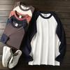 Brushed Washed American Casual Men Autumn Retro All-Match Stitching Contrast Color Long Sleeves T-shirt Bottoming Tops Tide
