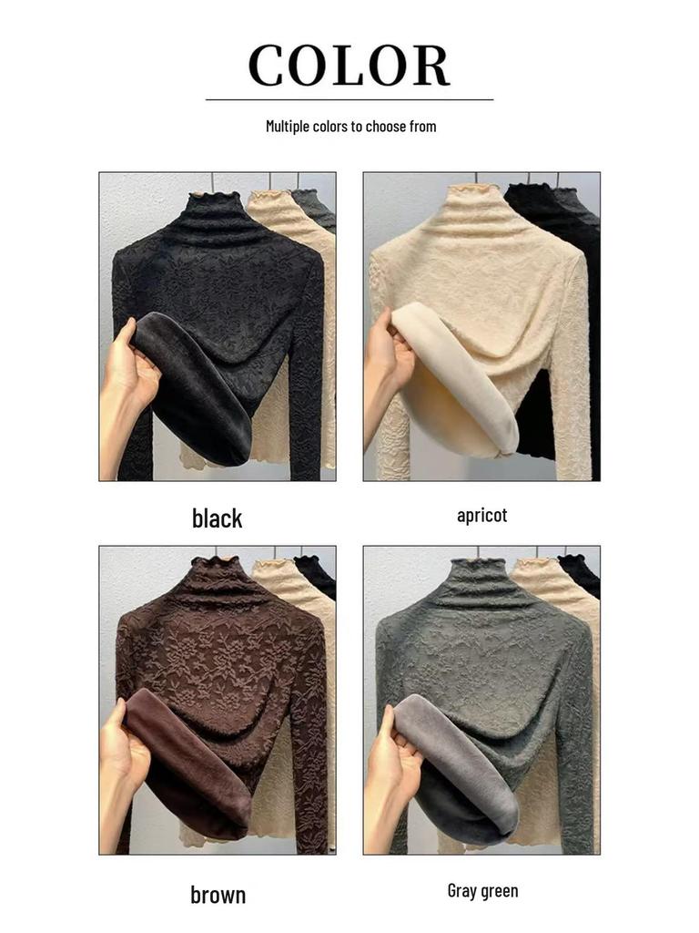 Women's High-Neck Lace Jacquard Base Layer Top - Fleece or Thin-Lined for Autumn & Winter Warmth.