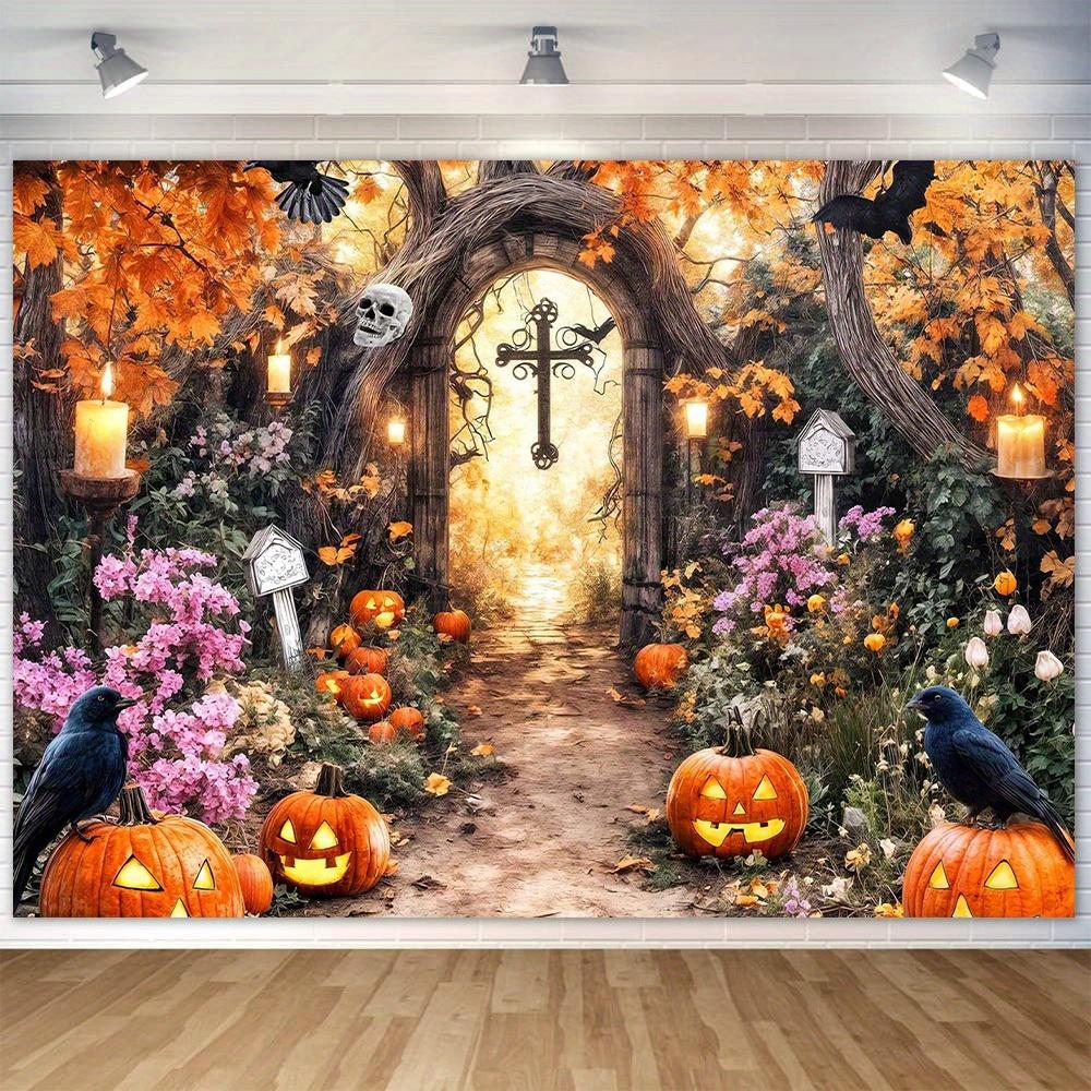 Halloween Magical Forest Background - Terrifying Skeleton, Pumpkin, and Haunted House Scenes with Candles and Skull Heads 100x150cm
