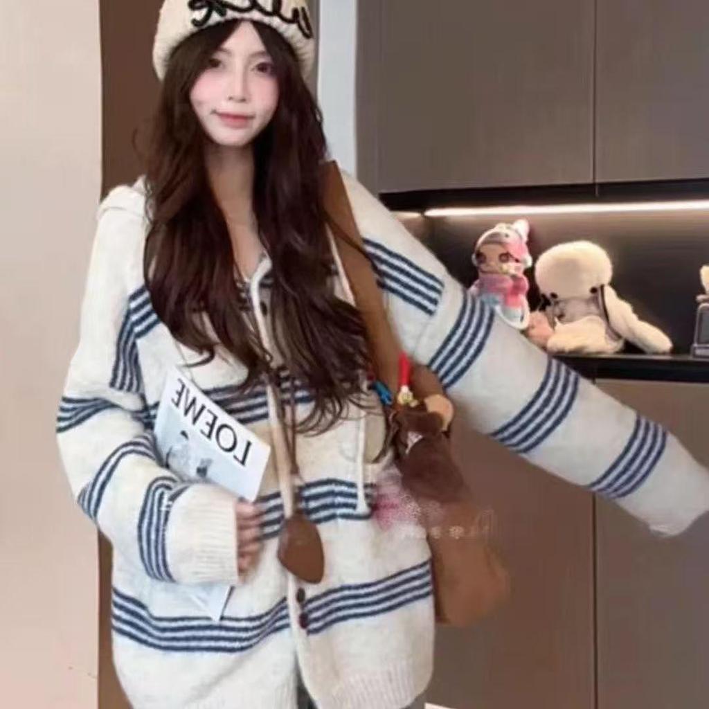 Women's Color Block Striped Knit Cardigan - Korean Style Autumn/Winter Hooded Casual Wear