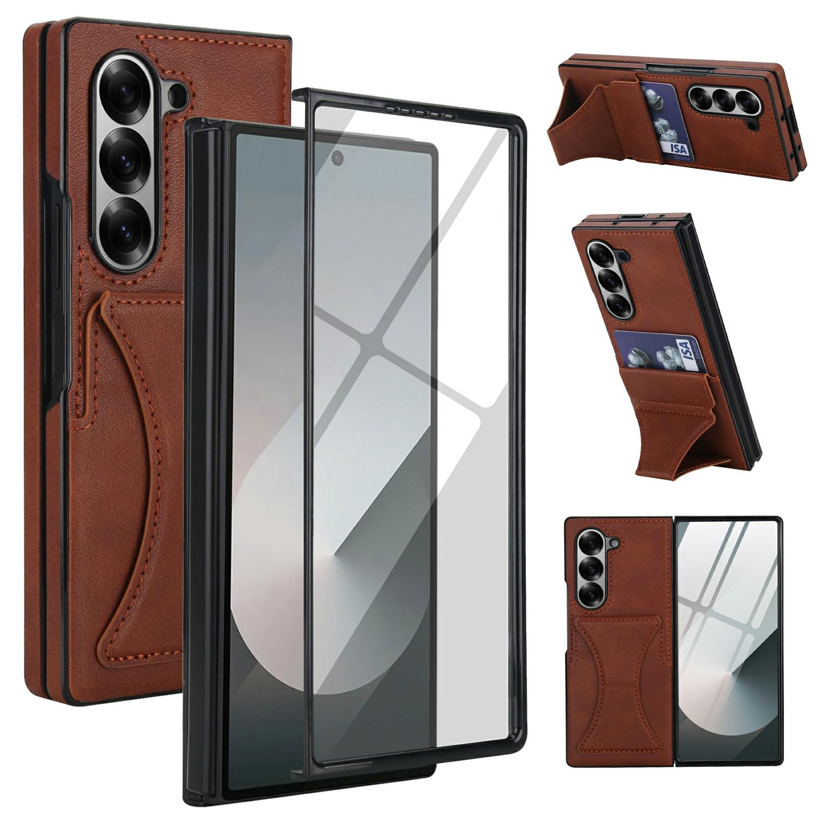 

For Samsung Galaxy Z Fold6 5G Case Kickstand Leather+PC Folding Phone Cover with HD Screen Protector Brown