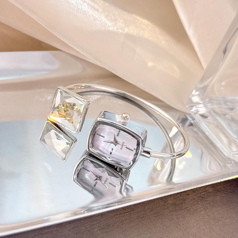 Women Open Bracelet Watch Crystal Square Quartz Wristwatch