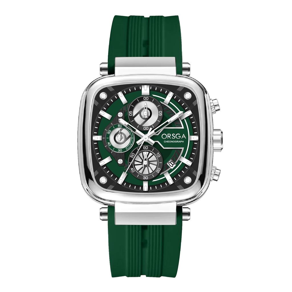 Mens Square Chronograph Watches Waterproof Luminous Quartz Wrist Watch with Silicone Strap
