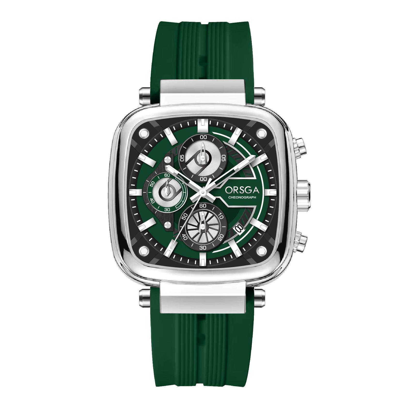 

Mens Square Chronograph Watches Waterproof Luminous Quartz Wrist Watch with Silicone Strap Silver case зелений