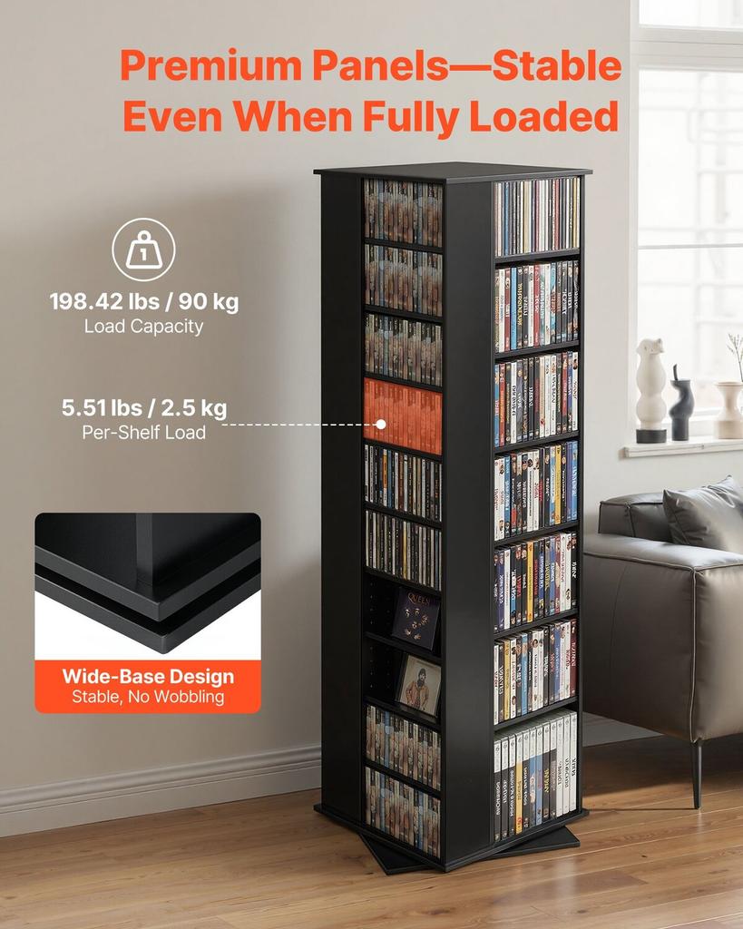 Media Storage Cabinet, CD Rack Tower, 34 Compartments Rotating Media Tower Rack for CDs, DVDs, Books and Game Discs, DVD Stand for Living Room, Home