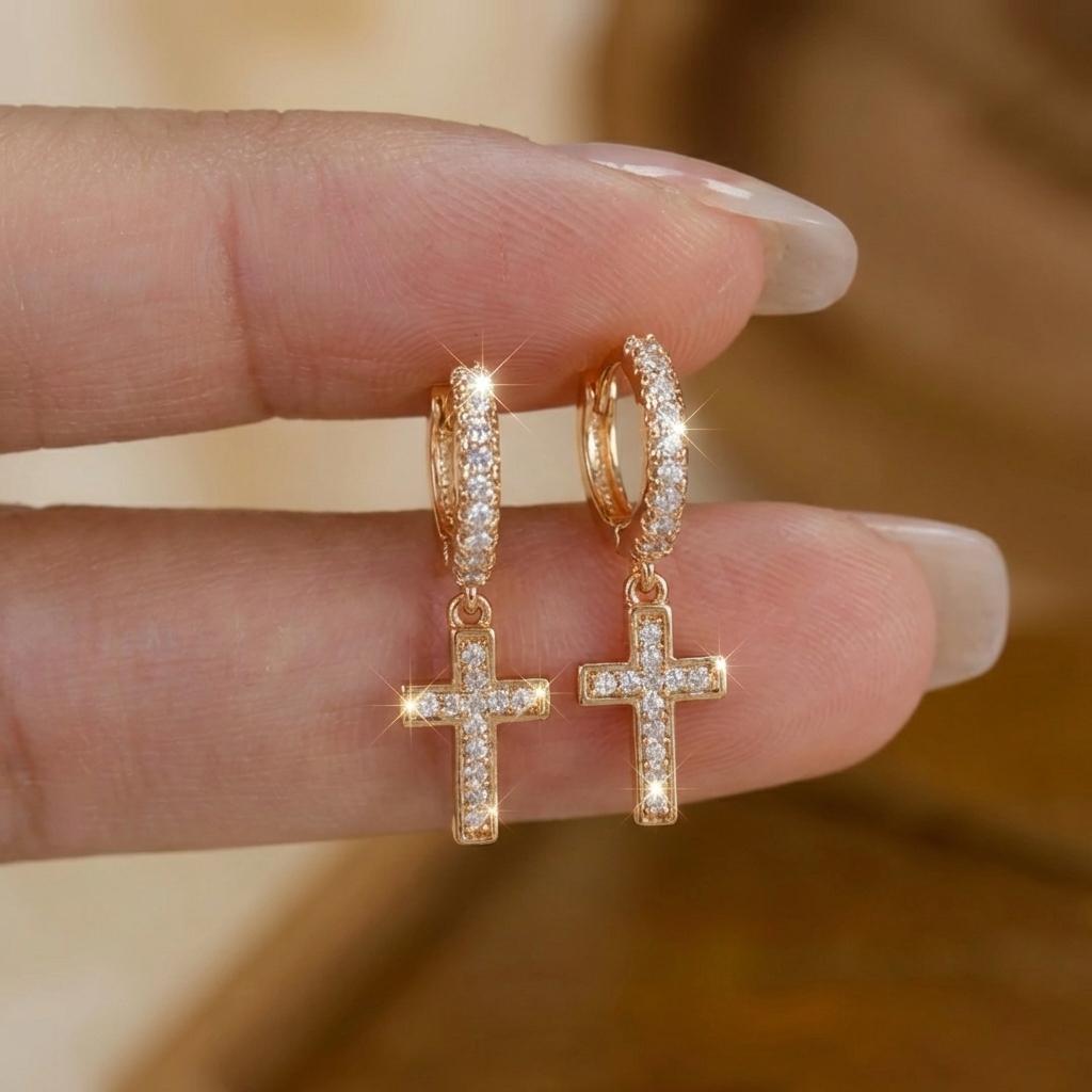 Exquisite Shiny Inlaid Zirconia Cross Pendant Earrings for Women Gold Plated Hoop Earrings Christian Religious Party Jewelry