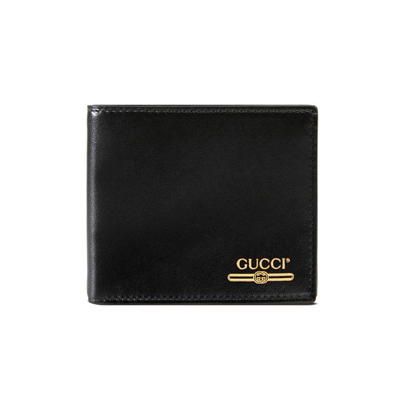 Gucci Hot Stamped Logo Cowhide Short Bi-fold Card Holder Wallet Men's Black