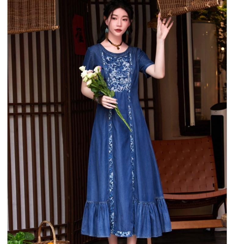 Johnature Γυναικείο Φόρεμα Άνοιξη Λαιμόκοψη Ο Κοντομάνικο Cowboy Προσωπικότητα Φόρεμα Νίσα Κέντημα Φαρδύ Ρετρό Φόρεμα