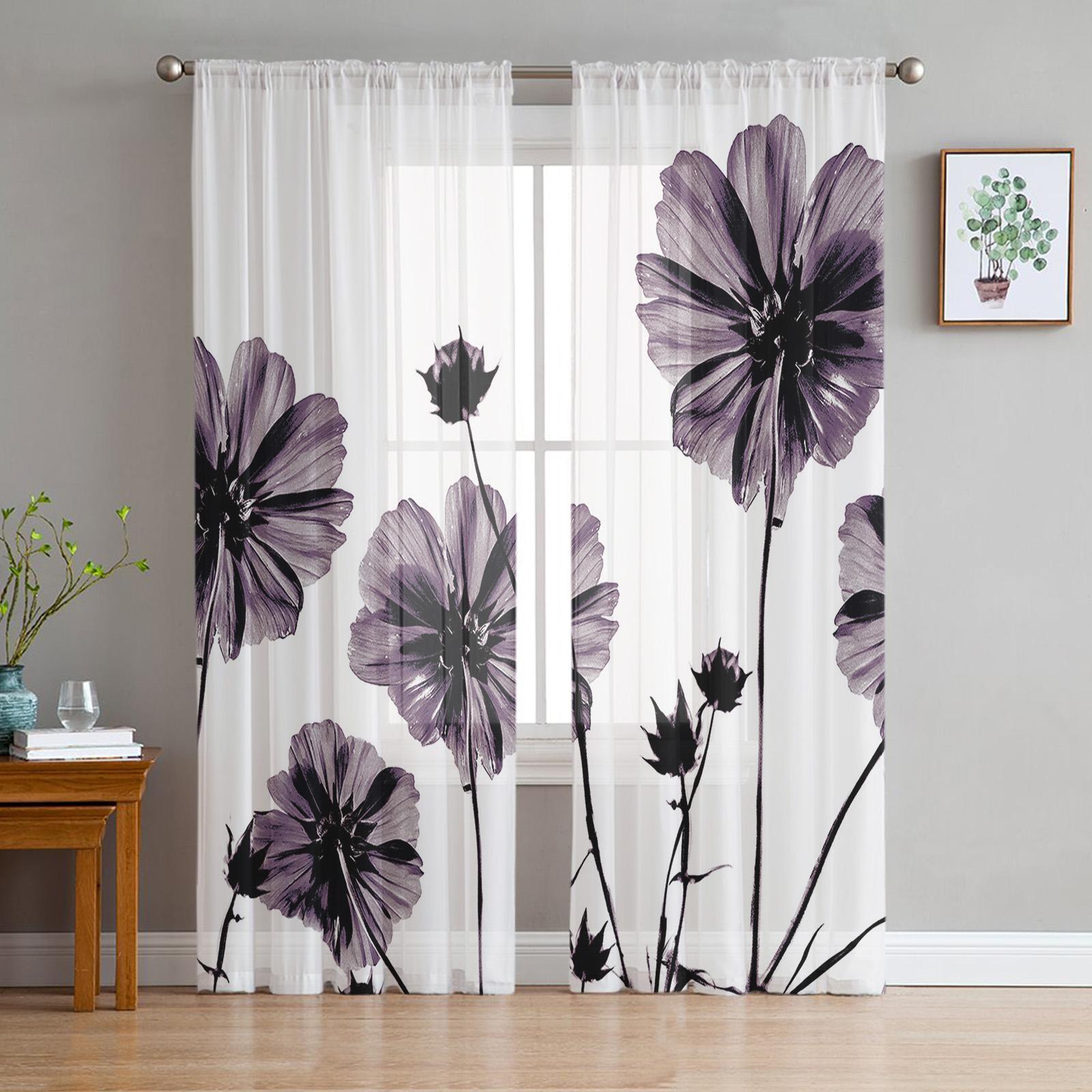 

Art Fowers Window Treatment Tulle Modern Sheer Curtains for Kitchen Living Room and Bedroom Curtains Decoration W135 x H213cm
