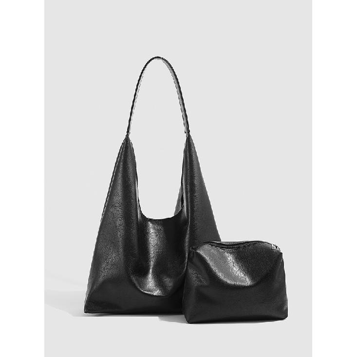 Korean-style casual soft leather shoulder bag, 2025 new niche mother-daughter bag, large capacity, simple casual underarm bag, trendy чёрный