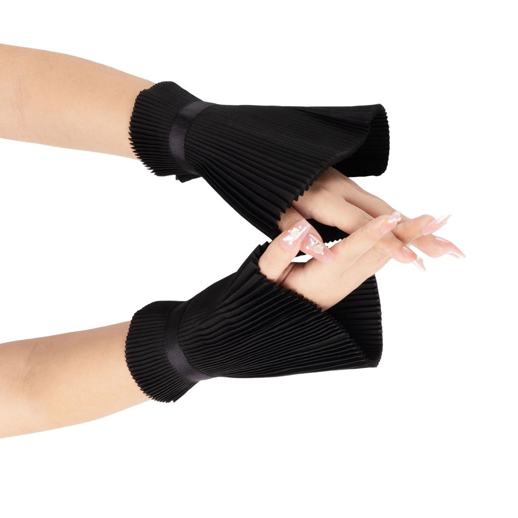 Elegant Detachable Pleated False Collar Pearls Button Shawl and Faux Sleeves Cuffs Set for Parties Costume or Casual