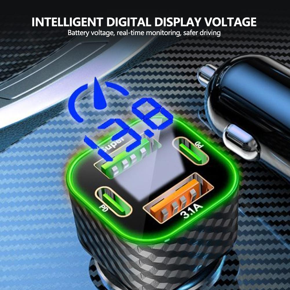 4 in 1 Car Charger Dual PD with Voltage Display USB Super Fast Charging Adapter for Smart Phone