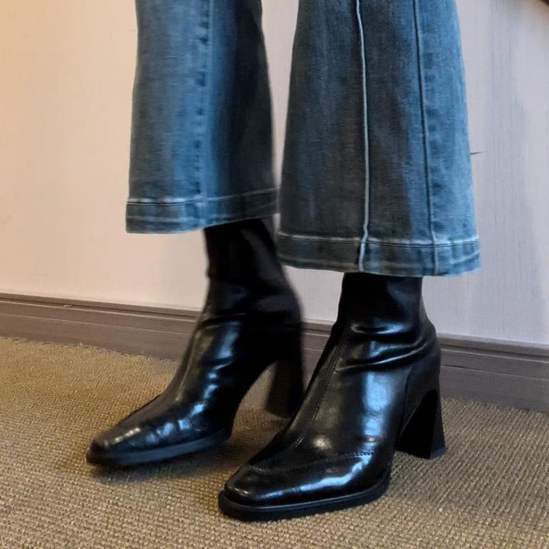 Fashion 2025 New Vintage High Heel Women Ankle Boots Fashion Square Toe Short Booties Autumn Winter Ladies Shoes Botas Mujer