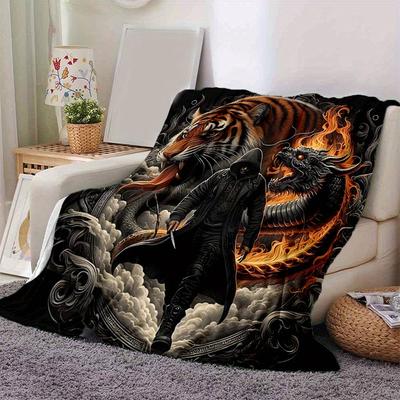 1pc Tiger and Dragon In Fiery Clouds Blanket  Seasonal Home Decorative Throw, Unique Gift Idea, Living Room, Travel, Camping, Car Blankets