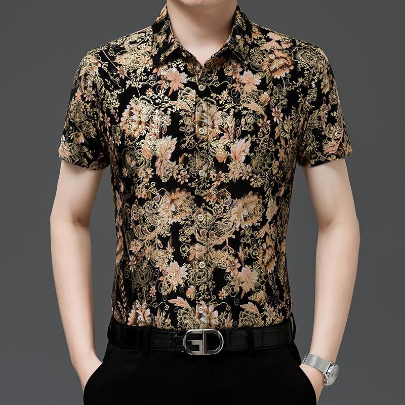 

Summer Men S Short-Sleeved Flower Shirt Loose Non-Ironing Casual Half-Sleeved Ice Silk Shirt Bronzing Thin Top 4XL