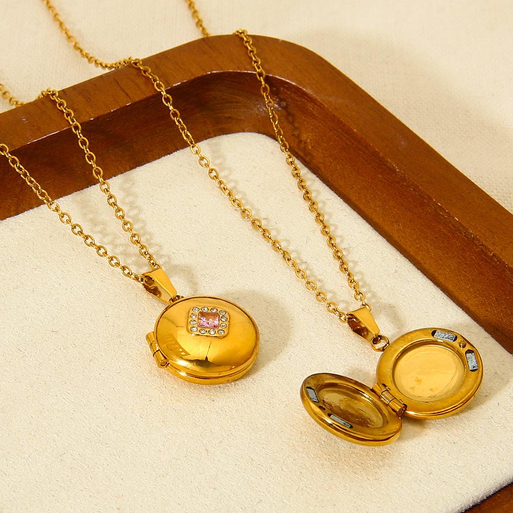 ins Popular Stainless Steel Magnetic Elliptical Zircon Phase Box Pendant Necklace Plated 18K Gold Geometric Jewelry Women